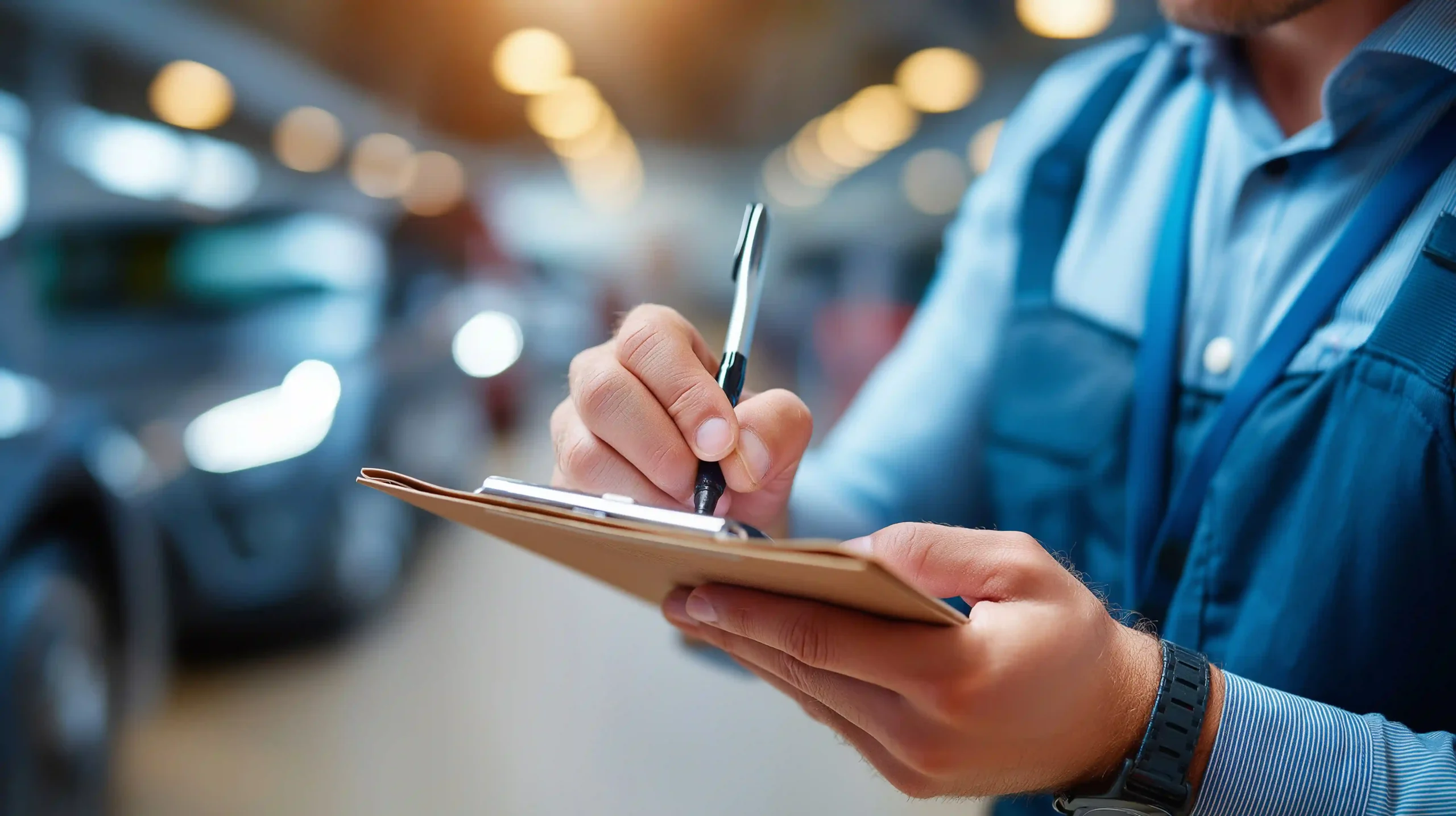 Eine Person in blauem Hemd und Weste schreibt mit einem Stift auf einem Klemmbrett, wahrscheinlich Fahrzeugaufbereitung oder Autoverkauf dokumentierend, mit verschwommenen Autos und Lichtern im Hintergrund.