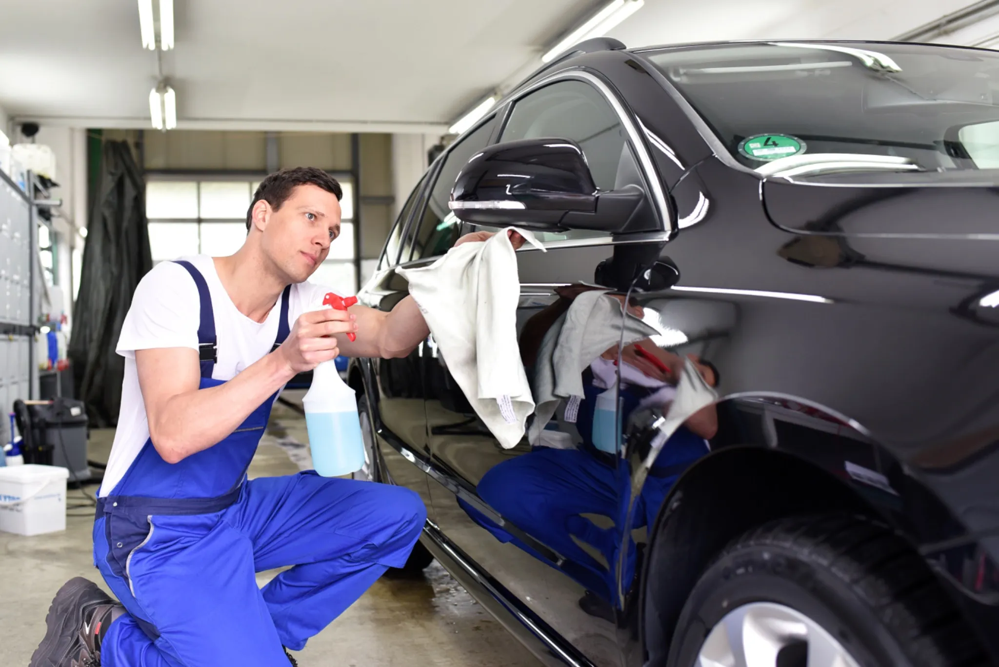 Mann in blauem Overall, der kniend ein schwarzes Auto mit einer Sprühflasche und einem Tuch in einer Garage reinigt.